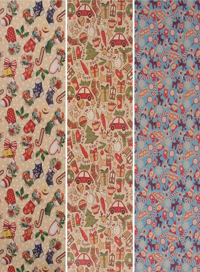 Aimyoo Kraft Christmas Wrapping Paper Set, Vintage Kids Xmas Gift Wrap Paper 3 Rolls, Stockings Santa Deers Candy Canes Snowman Designs,17 in x 10 ft per Roll - Image 2